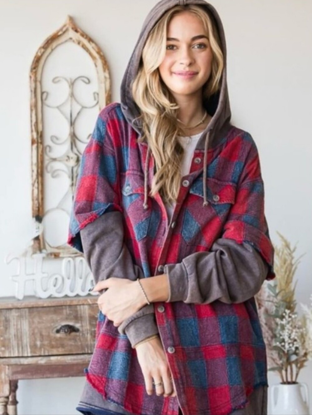 Oli & Hali Berry Mixed Media Blue Plaid Hooded Sweatshirt Jacket Medium Shacket